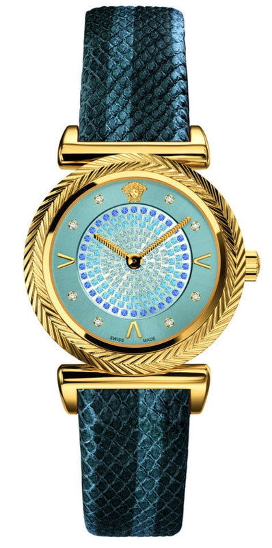 Versace V-Motif Vintage Logo Diamonds Blue Dial Blue Leather Strap Watch for Women - VERE01018 Buy Now By Versace