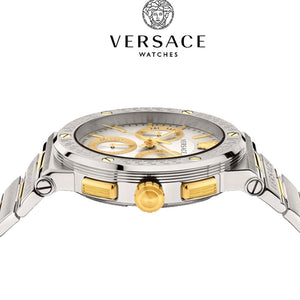 Versace Greca Chronograph White Dial Two Tone Steel Strap Watch For Men - VEZ900321 Buy Now By Versace