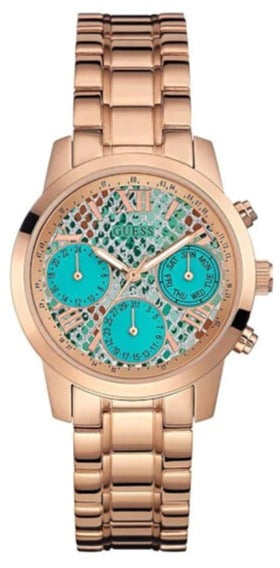 Guess Mini Sunrise Multi Function Analog Turquoise Dial Rose Gold Steel Strap Watch For Women - W0448L8 Buy Now By Guess