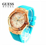 Guess Jet Setter White Dial Turquoise Silicone Strap Watch For Women - W0564L3 Buy Now By Guess