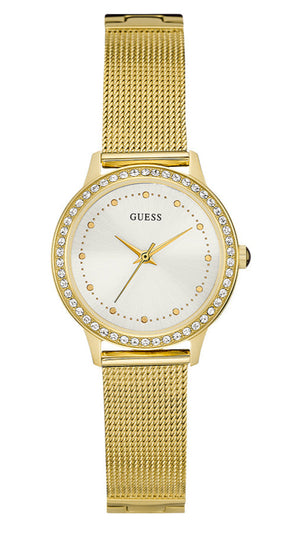 Guess Chelsea Crystals Mother of Pearl White Dial Gold Mesh Bracelet Watch For Women - W0647L7 Buy Now By Guess