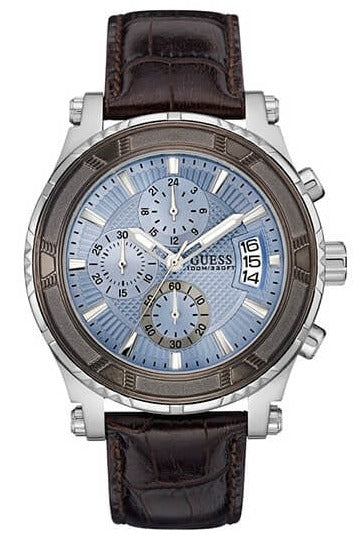 Guess Pinnacle Chronograph Quartz Blue Dial Brown Leather Strap Watch For Men - W0673G1 Buy Now By Guess
