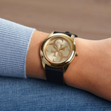 Guess G Twist Gold Dial Black Leather Strap Watch for Women - W0911L3 Buy Now By Guess