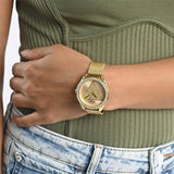 Guess Tri Glitz Quartz Diamonds Gold Dial Gold Mesh Bracelet Watch For Women - W1142L2