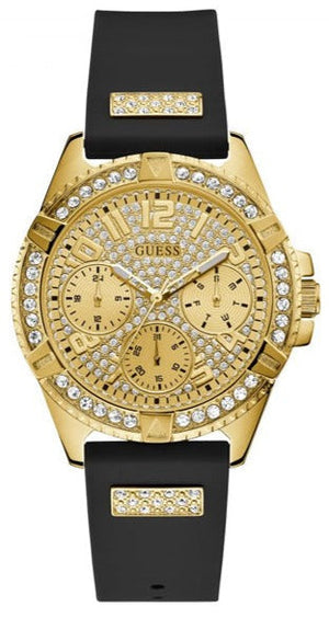 Guess Frontier Diamonds Gold Dial Black Rubber Strap Watch For Women - W1160L1 Buy Now By Guess