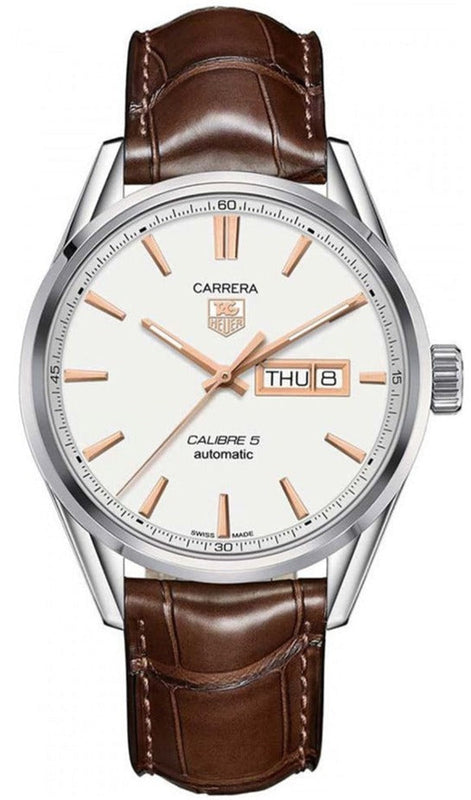 Tag Heuer Carrera Calibre 5 Automatic White Dial Brown Leather Strap Watch for Men - WAR201D.FC6291 Buy Now By Tag Heuer