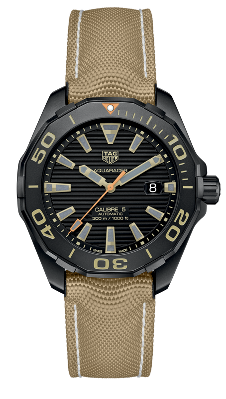 Tag Heuer Aquaracer 300 Calibre 5 Automatic Black Dial Brown Nylon Strap Watch for Men - WAY208C.FC6383 Buy Now By Tag Heuer