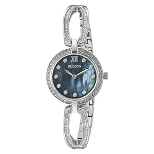 Bulova Crystal Black Mother of Pearl Dial Silver Steel Strap Watch for Women - 96L224 Buy Now By Bulova