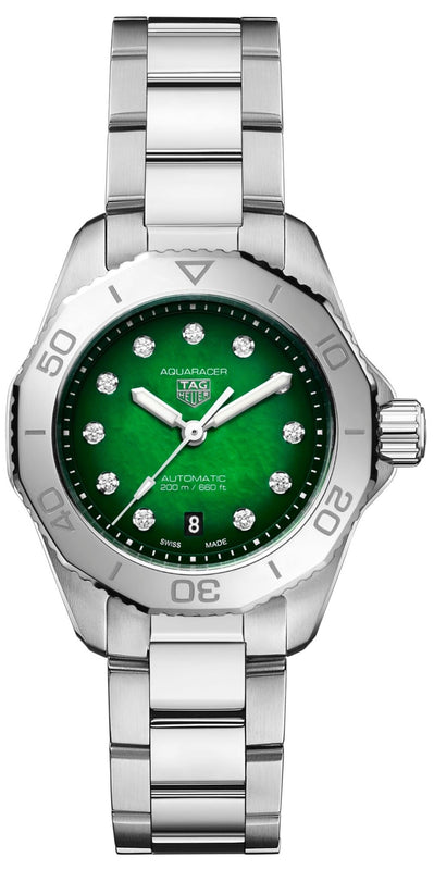 Tag Heuer Aquaracer Professional 200 Automatic Diamond Green Dial Silver Steel Strap Watch for Women - WBP2415.BA0622 Buy Now By Tag Heuer