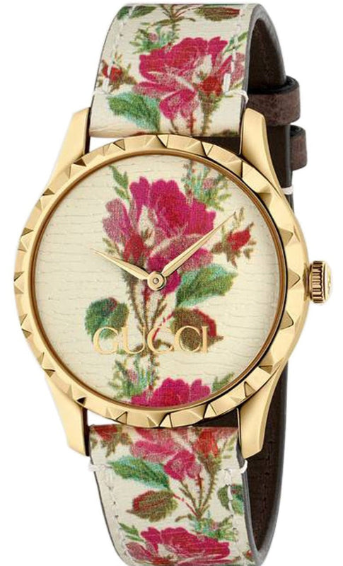 Gucci G Timeless Floral Gold Dial White Leather Strap Watch For Women - YA1264084 Buy Now By Gucci