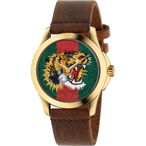 Gucci Le Marche Des Merveilles Red & Green Dial Brown Leather Strap Unisex Watch - YA126497 Buy Now By Gucci