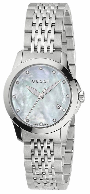 Gucci G Timeless Diamonds Mother of Pearl Dial Silver Steel Strap Watch For Women - YA126504 Buy Now By Gucci