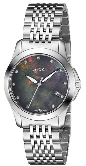 Gucci G Timeless Diamonds Mother of Pearl Black Dial Silver Steel Strap Watch For Women - YA126505 Buy Now By Gucci