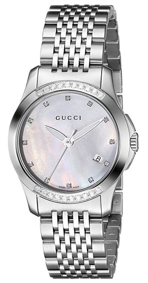 Gucci G Timeless Diamonds Mother of Pearl Dial Silver Steel Strap Watch For Women - YA126510 Buy Now By Gucci
