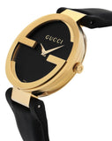 Gucci Interlocking G Gold Black Dial Black Leather Strap Unisex Watch - YA133326 Buy Now By Gucci