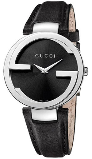 Gucci G Interlocking Black Dial Black Leather Strap Watch For Women - YA133501 Buy Now By Gucci