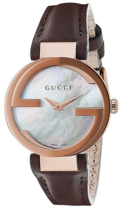Gucci G Interlocking Mother of Pearl Dial Brown Leather Strap Watch For Women - YA133516 Buy Now By Gucci