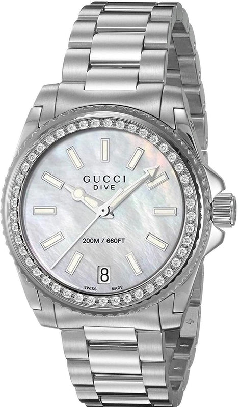 Gucci Dive Diamonds Mother of Pearl Dial Silver Steel Strap Watch For Women - YA136406 Buy Now By Gucci