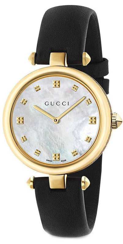 Gucci Diamantissima Quartz Mother of Pearl Dial Black Leather Strap Watch for Women - YA141404 Buy Now By Gucci