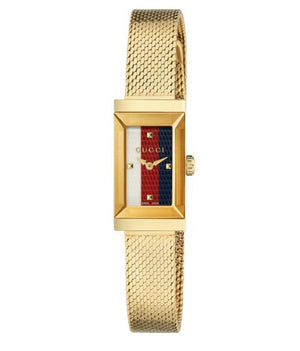Gucci G Frame Quartz Diamonds White Red Blue Dial Gold Mesh Bracelet Watch For Women - YA147511 Buy Now By Gucci