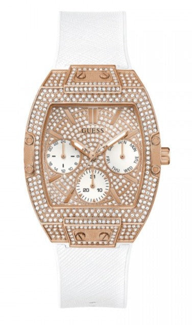 Guess Raven Diamonds Rose Gold Dial White Silicone Strap Watch for Women - GW0105L3 Buy Now By Guess