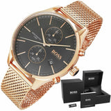 Hugo Boss Associate Black Dial Rose Gold Mesh Bracelet Watch for Men - 1513806 Buy Now By Hugo Boss