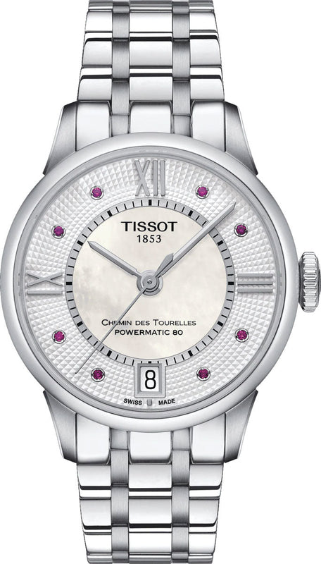 Tissot Chemin Des Tourelles Powermatic 80 Rubies Mother of Pearl Dial Silver Steel Strap Watch For Women - T099.207.11.113.00 Buy Now By Tissot