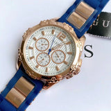 Guess Interpid White & Rose Gold Dial Blue Silicone Strap Watch For Women - W0325L8 Buy Now By Guess