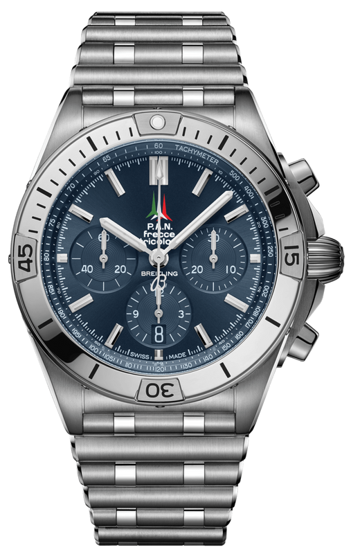 Breitling Chronomat B01 42 Frecce Tricolori Blue Dial Silver Steel Strap Watch for Men - AB01344A1C1A1 Buy Now By Breitling