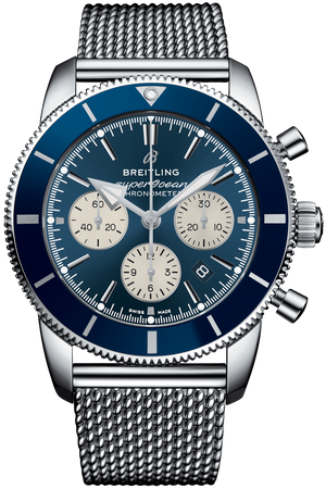 Breitling Superocean Heritage B01 Chronograph 44 Blue Dial Silver Mesh Bracelet Watch for Men - AB0162161C1A1 Buy Now By Breitling