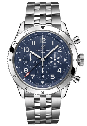 Breitling Super Avi B04 Chronograph GMT 46 Tribute to Vought F4U Corsair Blue Dial Silver Steel Strap Watch for Men - AB04451A1C1A1 Buy Now By Breitling