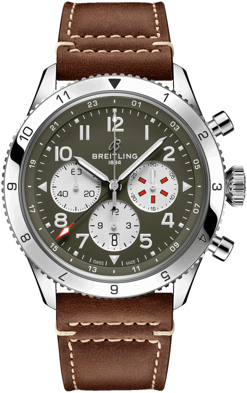 Breitling Super Avi B04 Chronograph GMT 46 Curtiss Warhawk Green Dial Brown Leather Strap Watch for Men - AB04452A1L1X1 Buy Now By Breitling
