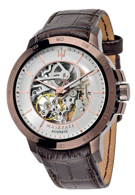Maserati Ingegno Automatic White Skeleton Dial Brown Leather Strap Watch For Men - R8821119003 Buy Now By Maserati