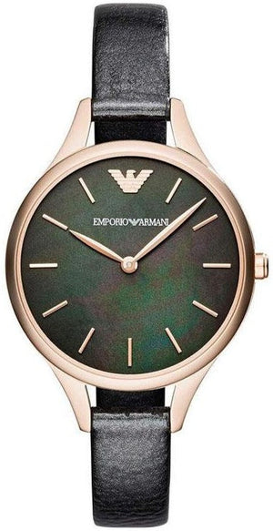 Emporio Armani Aurora Mother Of Pearl Black Dial Black Leather Strap Watch For Women - AR11056 Buy Now By Emporio Armani