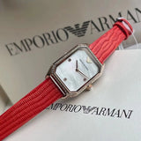 Emporio Armani Gianni T Bar Two-Hand Mother of Pearl Dial Red Leather Strap Watch For Women - AR11467 Buy Now By Emporio Armani
