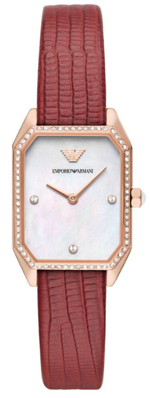 Emporio Armani Gianni T Bar Two-Hand Mother of Pearl Dial Red Leather Strap Watch For Women - AR11467 Buy Now By Emporio Armani