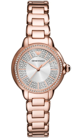 Emporio Armani Mia Three Hand Crystals Silver Dial Rose Gold Steel Strap Watch For Women - AR11633 Buy Now By Emporio Armani