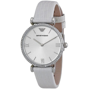 Emporio Armani Gianni T-Bar Silver Dial White Leather Strap Watch for Women - AR1680 Authentic Buy Shop Now