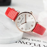 Emporio Armani Gianni T Bar Silver Dial Red Leather Strap Watch For Women - AR1876 Buy Now By Emporio Armani