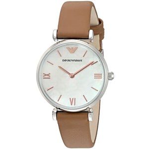 Emporio Armani Gianni T-Bar White Dial Brown Leather Strap Watch for Women - AR1988 Authentic Buy Shop Now