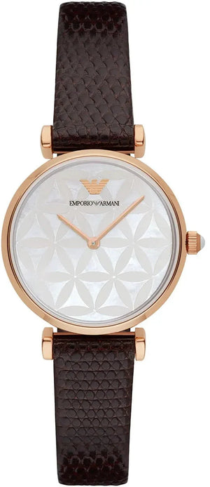 Emporio Armani Gianni T-Bar Silver Dial Brown Leather Strap Watch for Women - AR1990 Authentic Buy Shop Now
