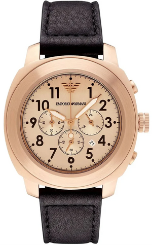 Emporio Armani Ruggero Chronograph Rose Gold Dial Black Leather Strap Watch for Men - AR6087 Authentic Buy Shop Now