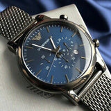 Emporio Armani Chronograph Blue Dial Gun Metallic Mesh Bracelet Watch For Men - AR1979 Buy Now By Emporio Armani