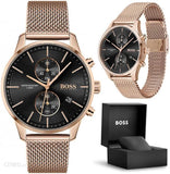 Hugo Boss Associate Black Dial Rose Gold Mesh Bracelet Watch for Men - 1513806 Buy Now By Hugo Boss