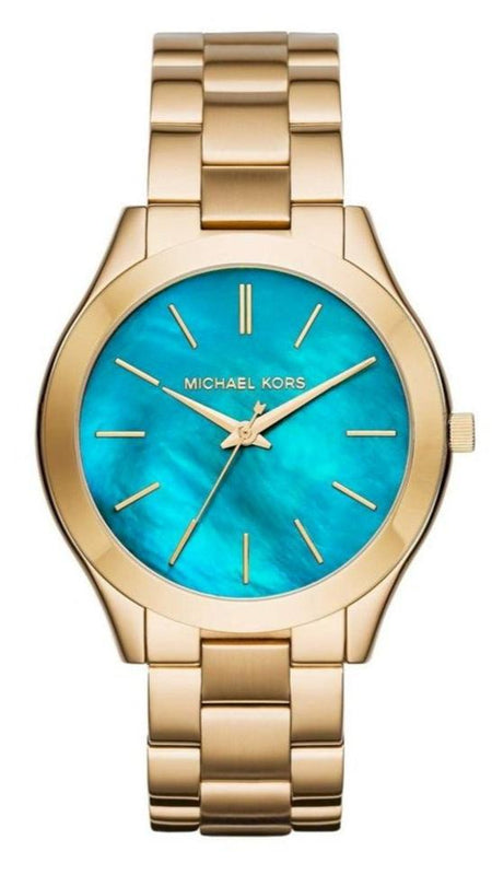Michael Kors Slim Runway Blue Mother of Pearl Dial Gold Steel Strap Watch for Women - MK3492 Buy Now By Michael Kors