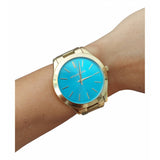 Michael Kors Slim Runway Blue Mother of Pearl Dial Gold Steel Strap Watch for Women - MK3492 Buy Now By Michael Kors