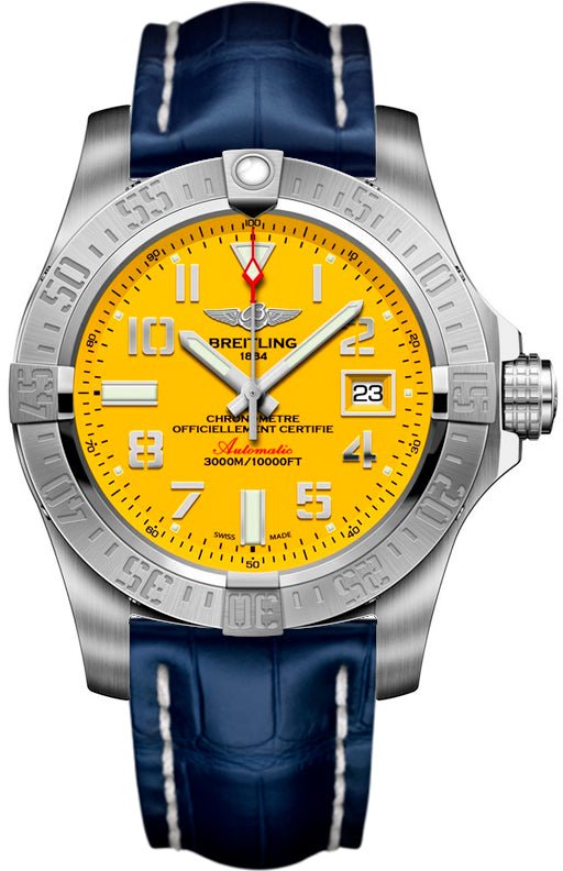 Breitling Avenger II Seawolf Yellow Dial Blue Leather Strap 45mm Mens Watch - A1733110/I519/112X Buy Now By Breitling