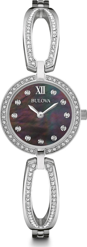Bulova Crystal Black Mother of Pearl Dial Silver Steel Strap Watch for Women - 96L224 Buy Now By Bulova