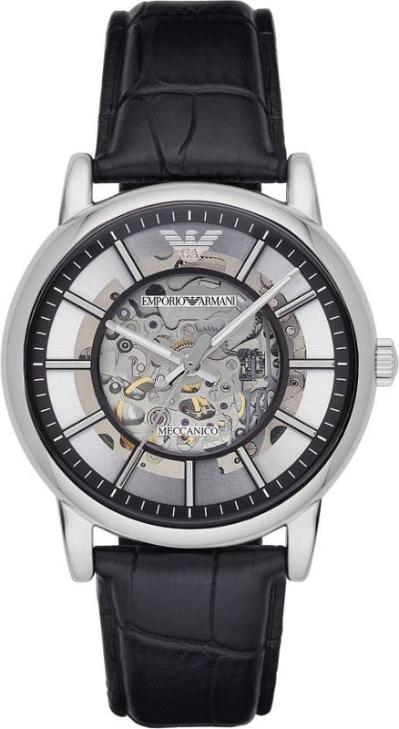 Emporio Armani Luigi Silver Skeleton Dial Black Leather Strap Watch For Men - AR1981 Buy Now By Emporio Armani