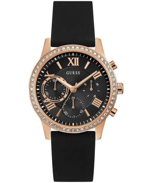 Guess Solar 40mm Black & Rose Gold Dial Black Rubber Strap Watch For Women - W1135L4 Buy Now By Guess